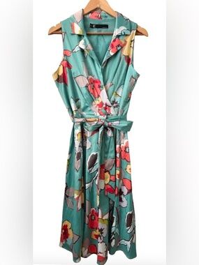 Leslie Fay VTG teal flrl faux wrp slvlss collared drss WM 12 garden party